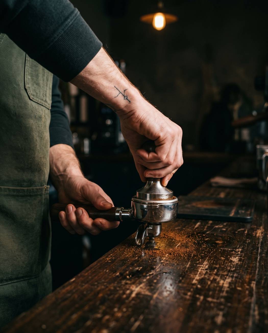 Tamping ground coffee