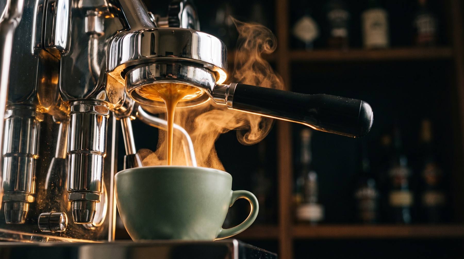 Espresso pouring into a sage green cup